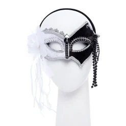 Black & White Masquerade Mask With Feathers & Beads