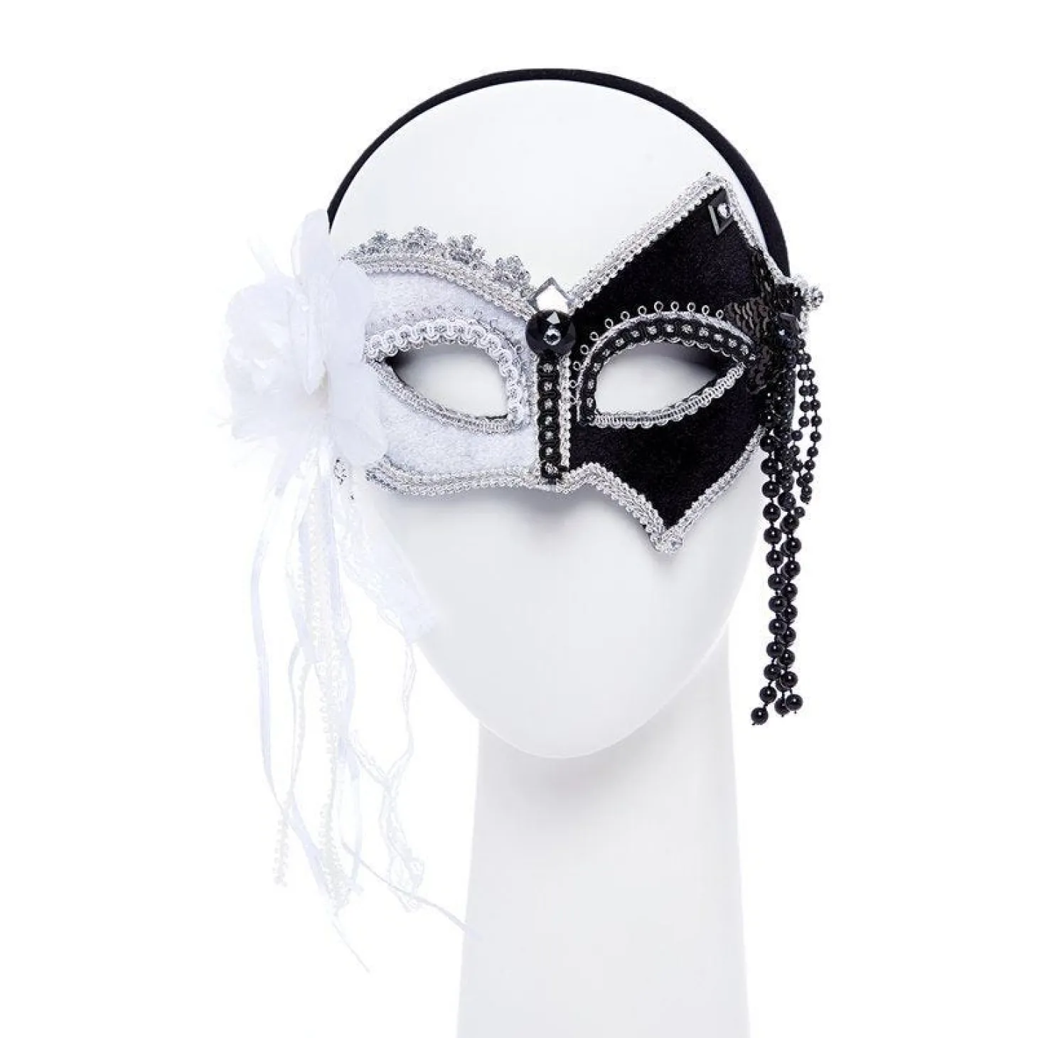 Black & White Masquerade Mask With Feathers & Beads