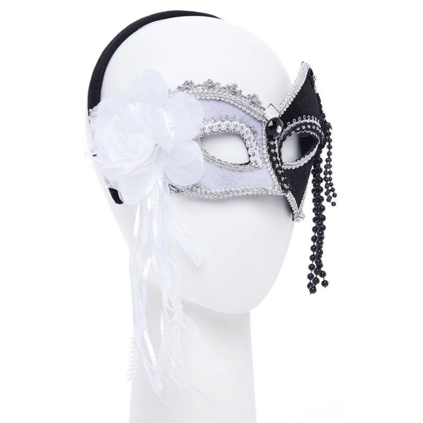 Black & White Masquerade Mask With Feathers & Beads