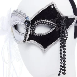 Black & White Masquerade Mask With Feathers & Beads