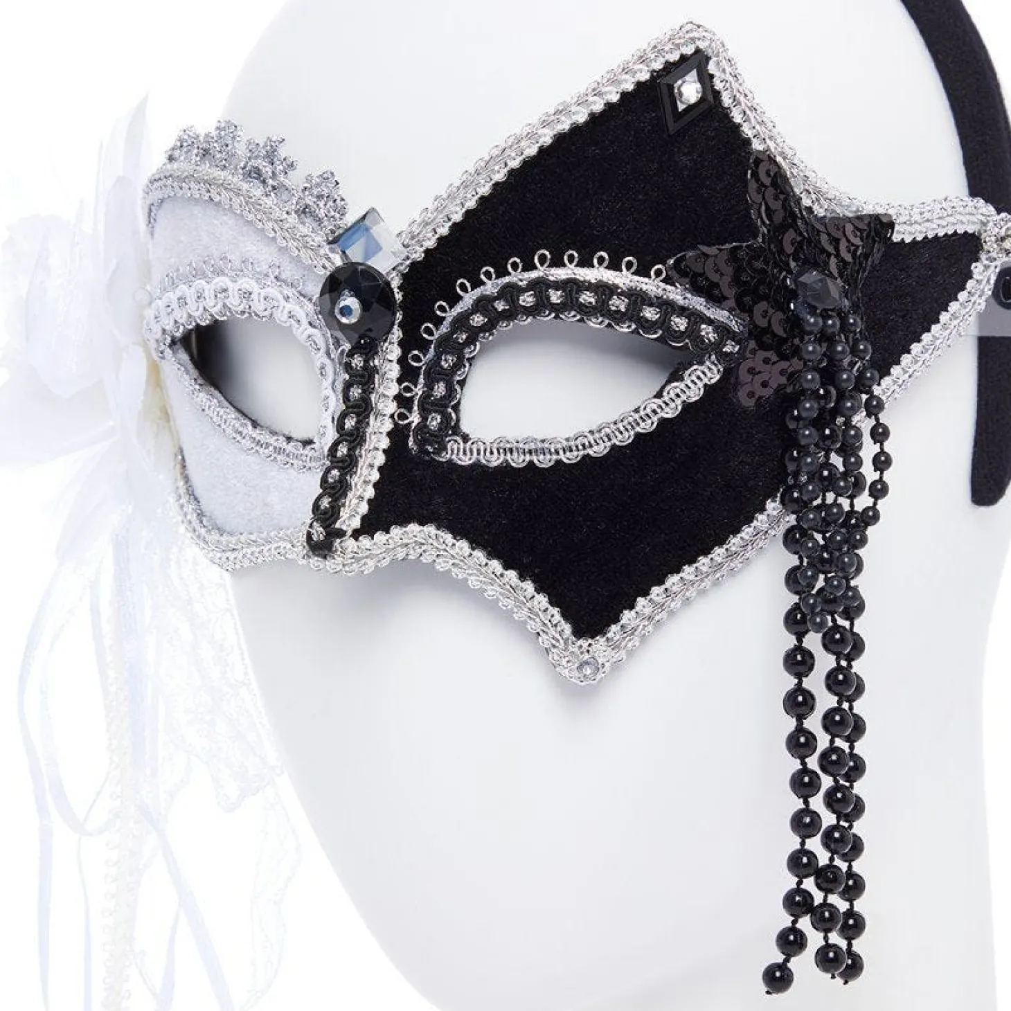 Black & White Masquerade Mask With Feathers & Beads