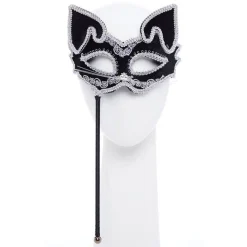 Black Cat Masquerade Mask On Stick