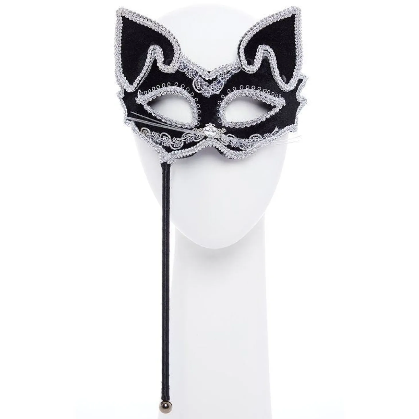 Black Cat Masquerade Mask On Stick