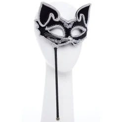 Black Cat Masquerade Mask On Stick