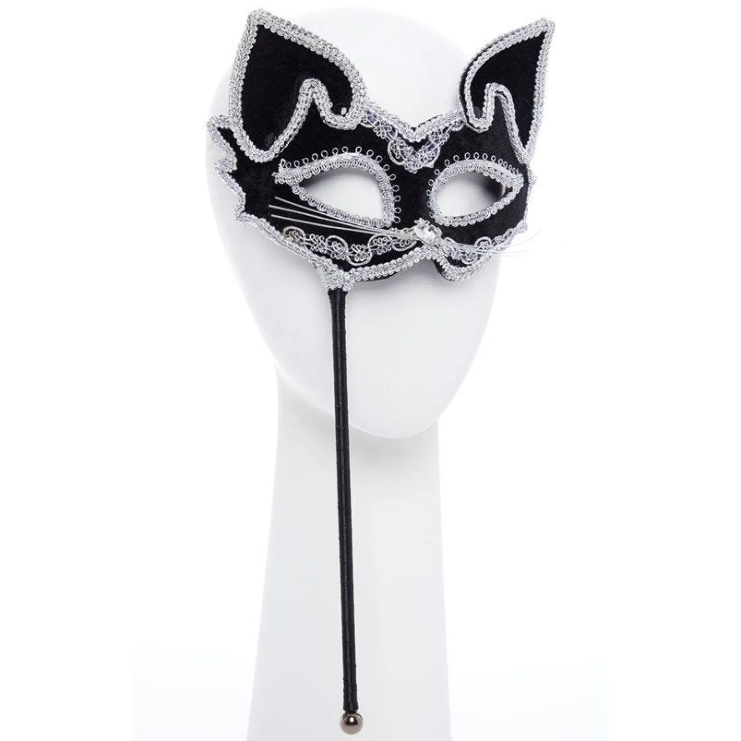 Black Cat Masquerade Mask On Stick