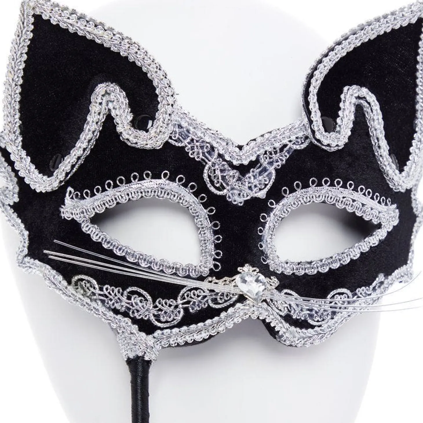 Black Cat Masquerade Mask On Stick