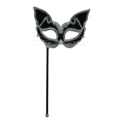 Black Cat Masquerade Mask On Stick