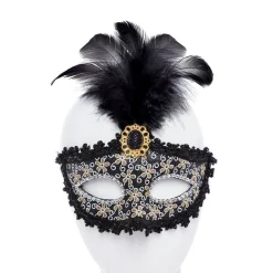 Black Glittery Masquerade Mask With Tall Feather & Gem