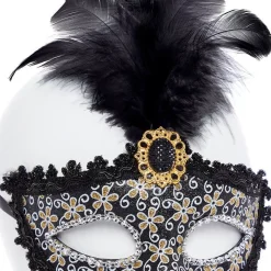 Black Glittery Masquerade Mask With Tall Feather & Gem