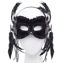 Black Masquerade Mask With Feathers & Beads