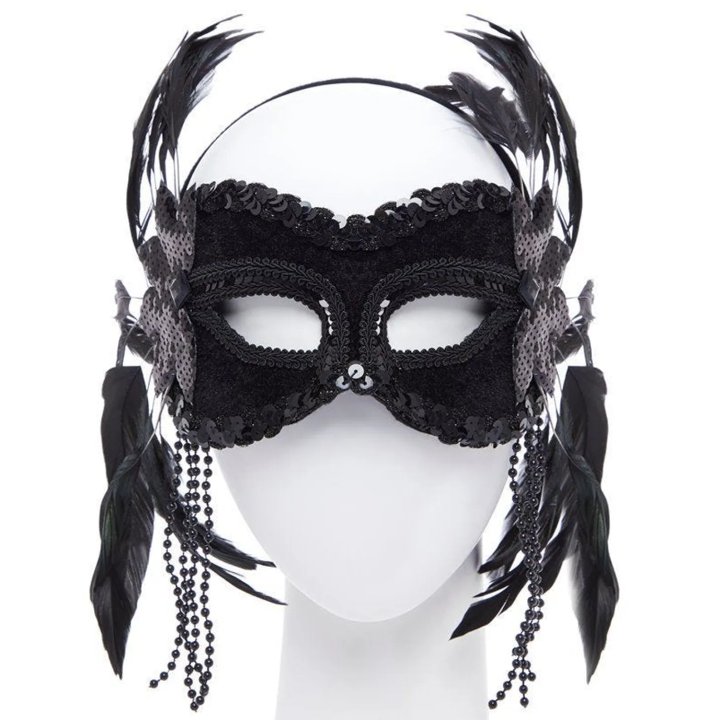 Black Masquerade Mask With Feathers & Beads