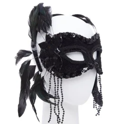 Black Masquerade Mask With Feathers & Beads