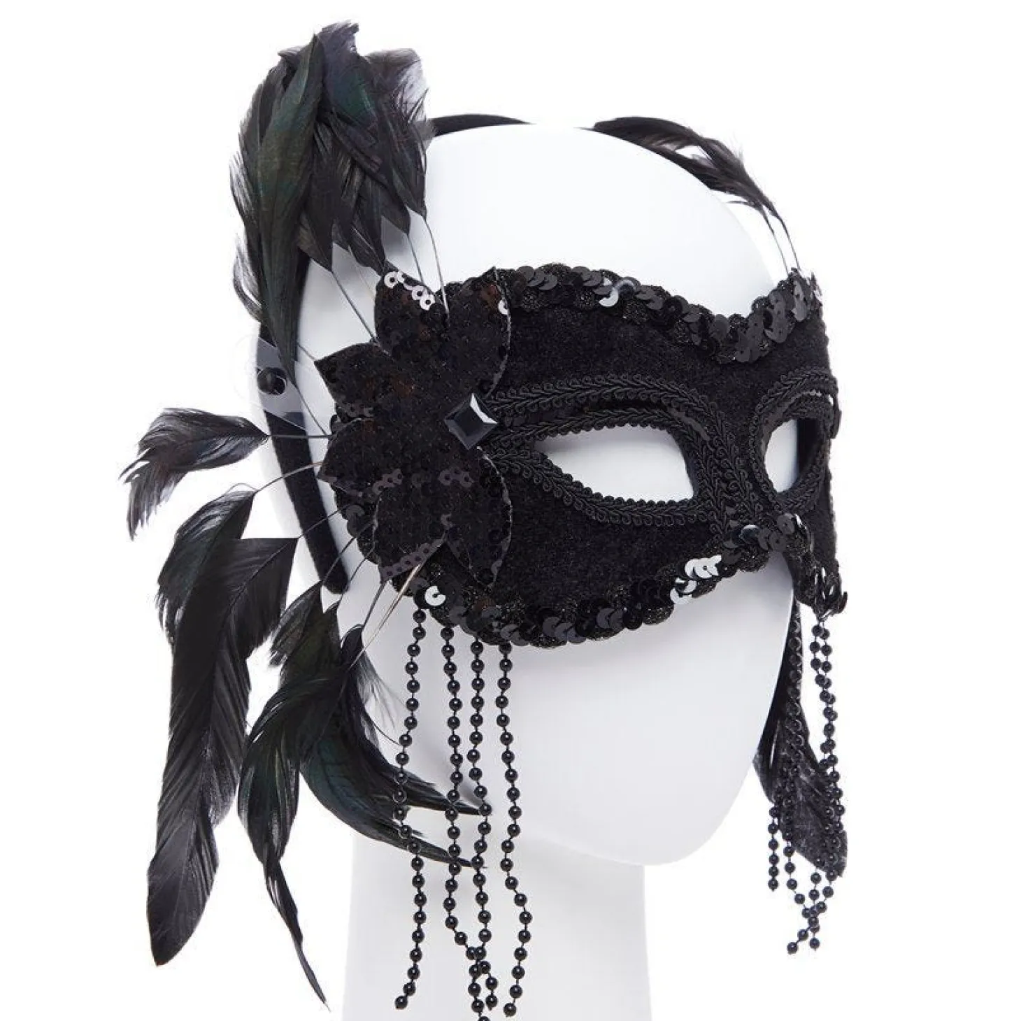 Black Masquerade Mask With Feathers & Beads