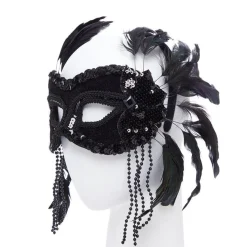 Black Masquerade Mask With Feathers & Beads