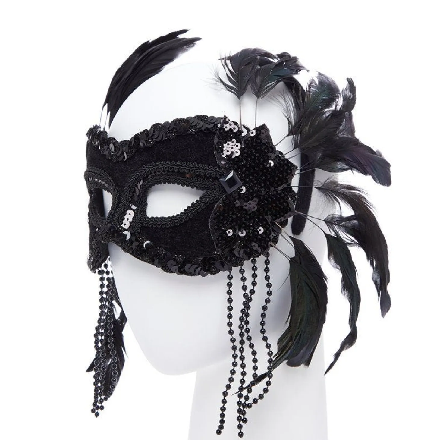Black Masquerade Mask With Feathers & Beads