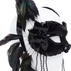 Black Masquerade Mask With Feathers & Beads
