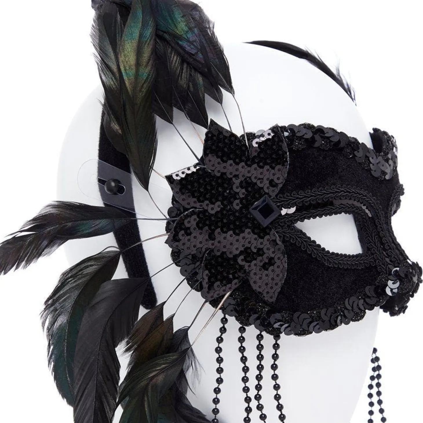 Black Masquerade Mask With Feathers & Beads