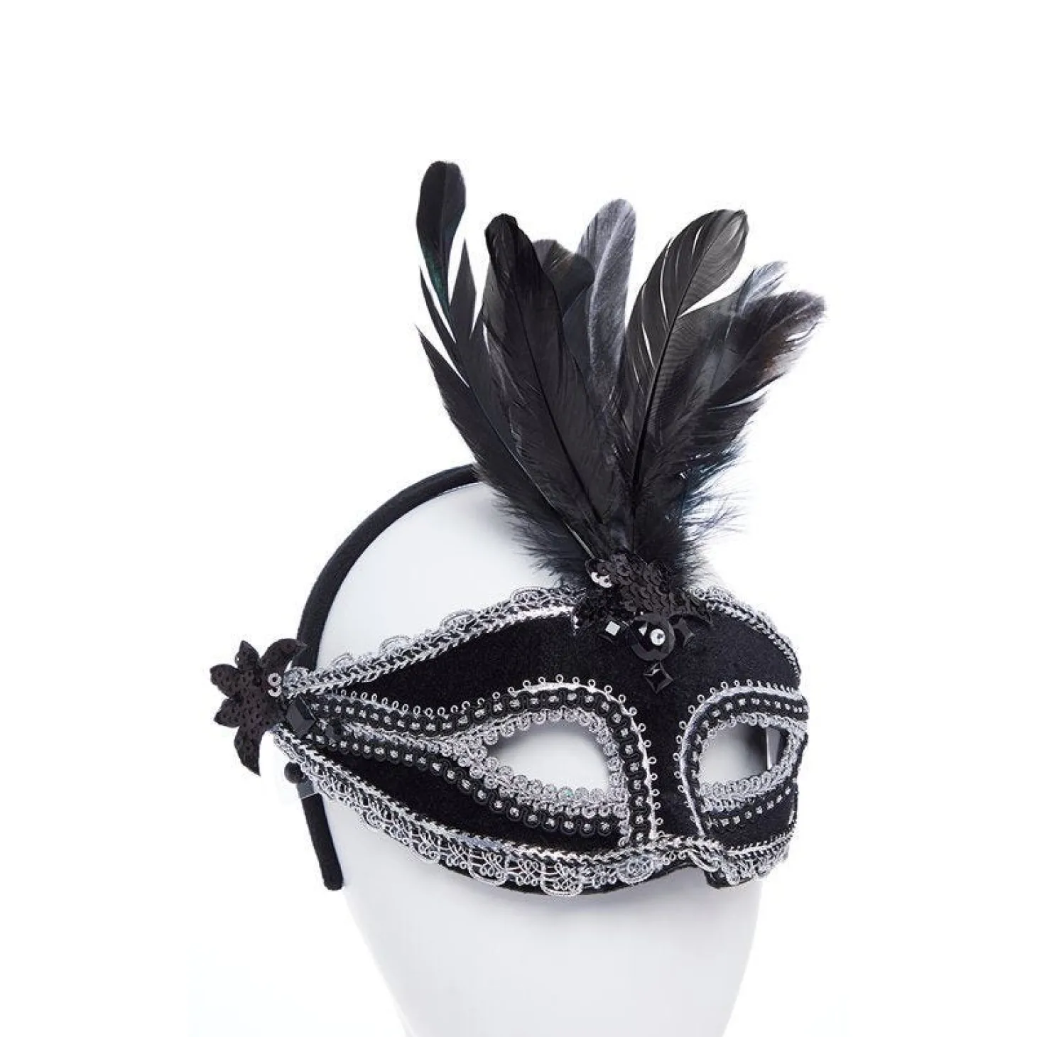 Black Velvet Masquerade Mask With Feathers