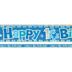 Blue 'Happy 1St Birthday' Holographic Foil Banner - 3.7M