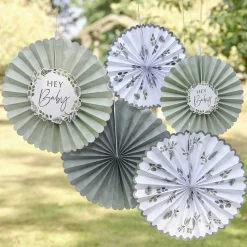 Botanical 'Hey Baby' Paper Fan Decorations (5Pk)