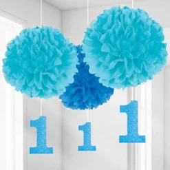 Boy's 1St Birthday Pom Pom Decorations - 40Cm (3Pk)