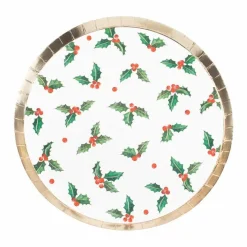 Gold Foiled Holly Leaf Paper Plates - 24Cm (8Pk)