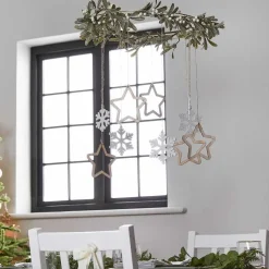 Gold Metal Hoop With Foliage & Wooden Hanging Decorations - 40Cm