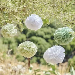 Green And White Paper Pom Pom Decorations (5Pk)