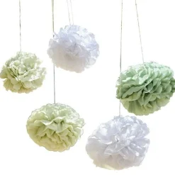 Green And White Paper Pom Pom Decorations (5Pk)