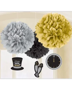 Metallic New Year's Eve Pom Pom Decorations - 40Cm (3Pk)