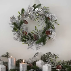 Mistletoe, Pine Cone & Silver Foliage Christmas Wreath - 40Cm