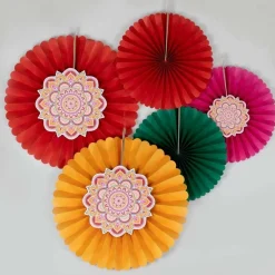 Multicoloured Diwali Paper Fan Decorations (5Pk)