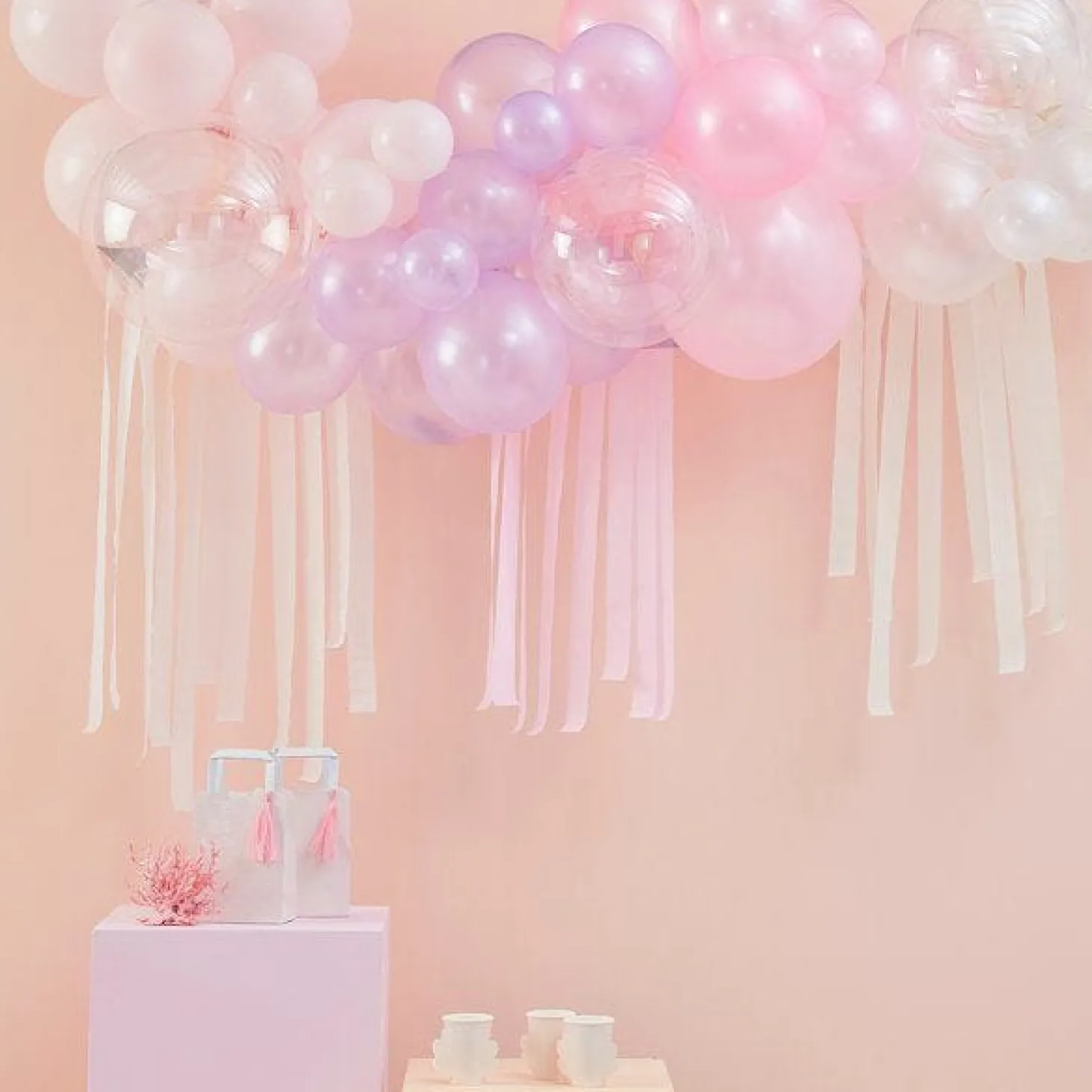 Pastel, Pearl & Ivory Balloon Arch With Streamers - 50 Balloons