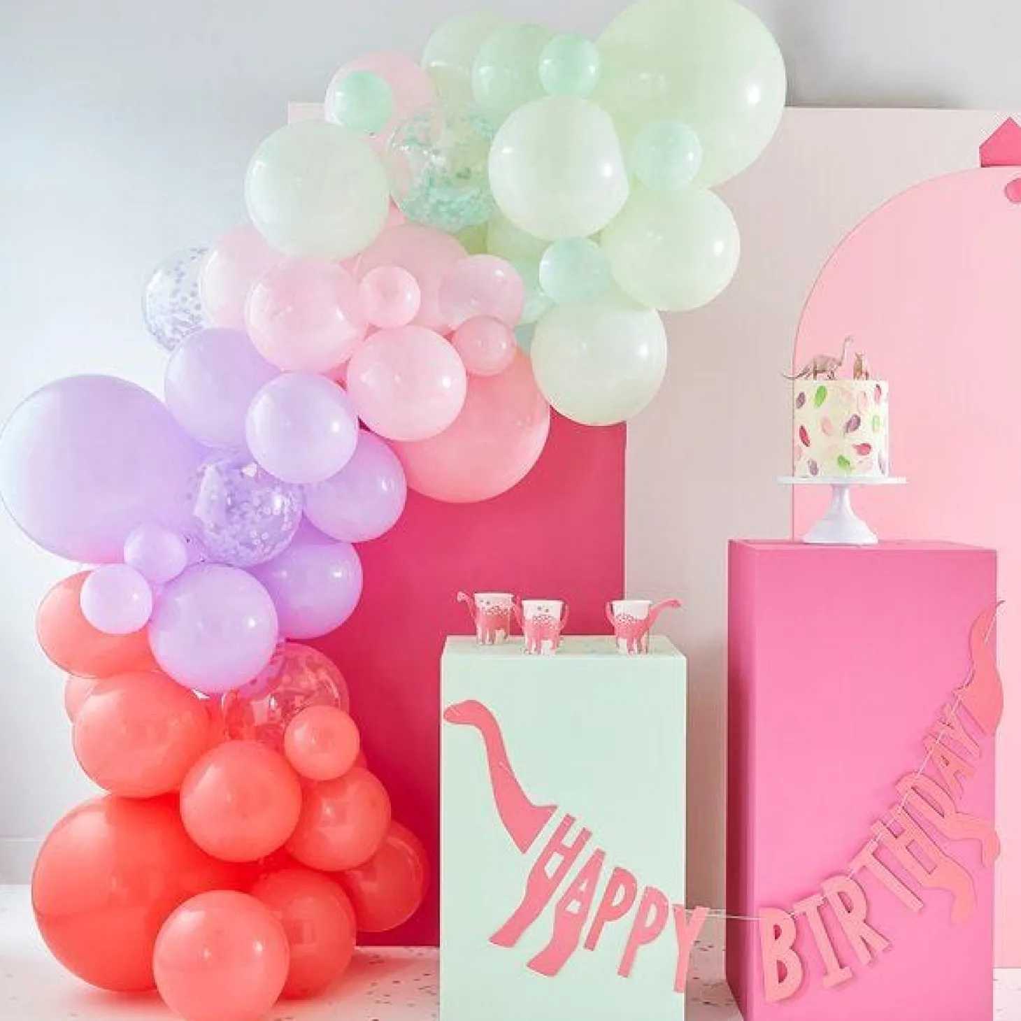 Pink, Lilac, Pastel Green And Confetti Balloon Arch - 75 Balloons