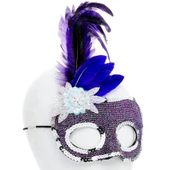 Purple Masquerade Mask With Side Feathers