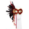 Red & Gold Masquerade Mask On Stick With Feathers