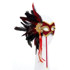 Red & Gold Masquerade Mask On Stick With Feathers