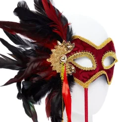Red & Gold Masquerade Mask On Stick With Feathers
