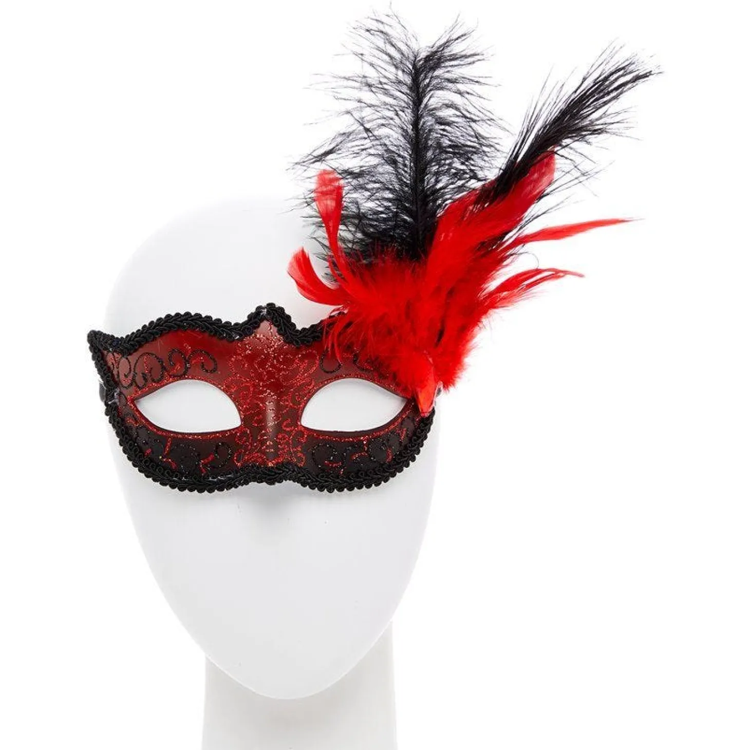 Red Masquerade Mask With Glitter & Feathers