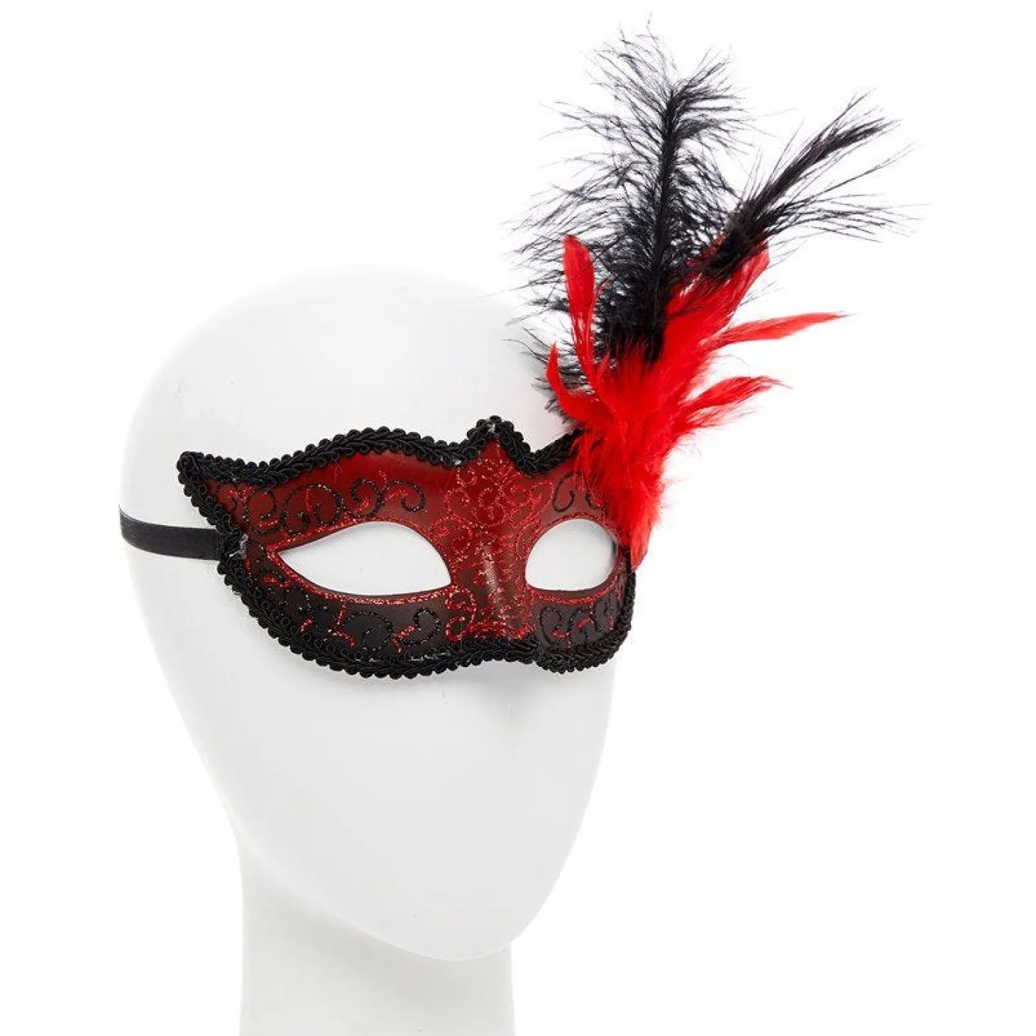 Red Masquerade Mask With Glitter & Feathers