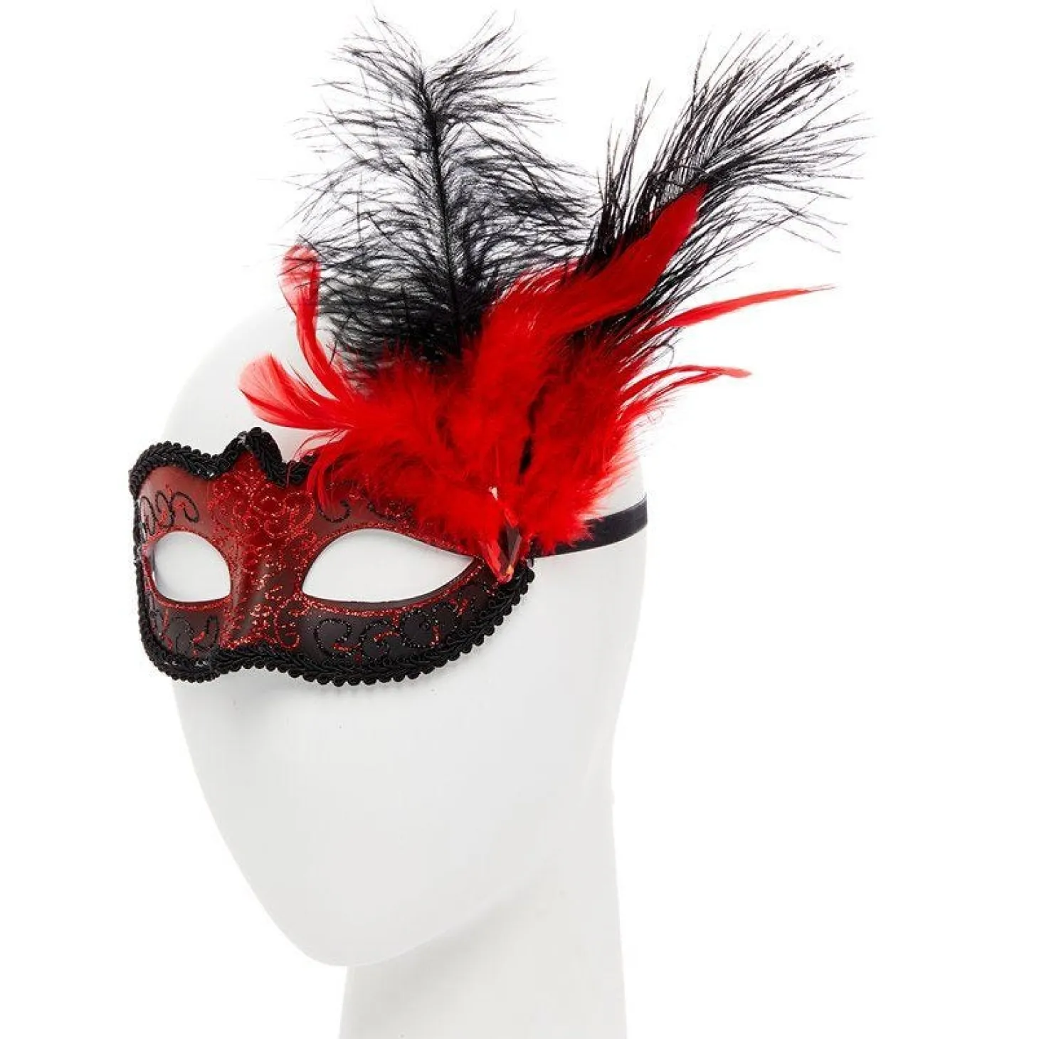 Red Masquerade Mask With Glitter & Feathers