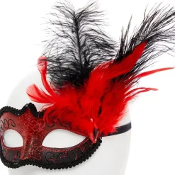 Red Masquerade Mask With Glitter & Feathers