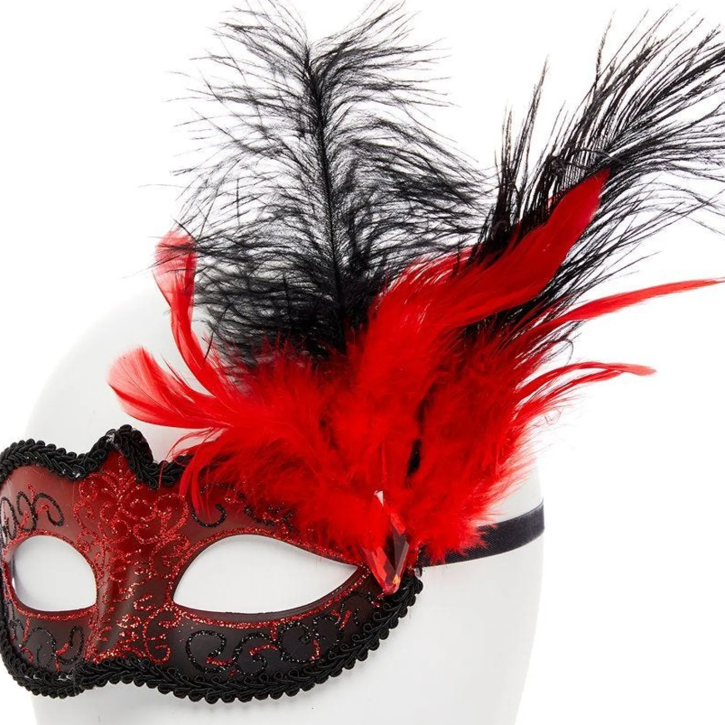 Red Masquerade Mask With Glitter & Feathers
