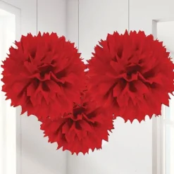 Red Pom Pom Decorations - 40Cm (3Pk)