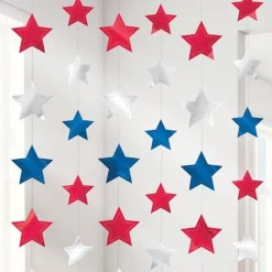 Red, Silver & Blue Star Hanging Strings Decorations - 2.1M (6Pk)