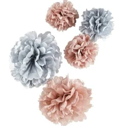 Rose Gold & Grey Paper Pom Pom Decorations (5Pk)