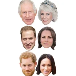 Royals Card Masks King Charles, Camilla, William, Kate, Meghan, Harry (6Pk)