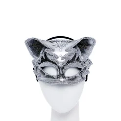 Silver & Black Jewelled Cat Masquerade Mask