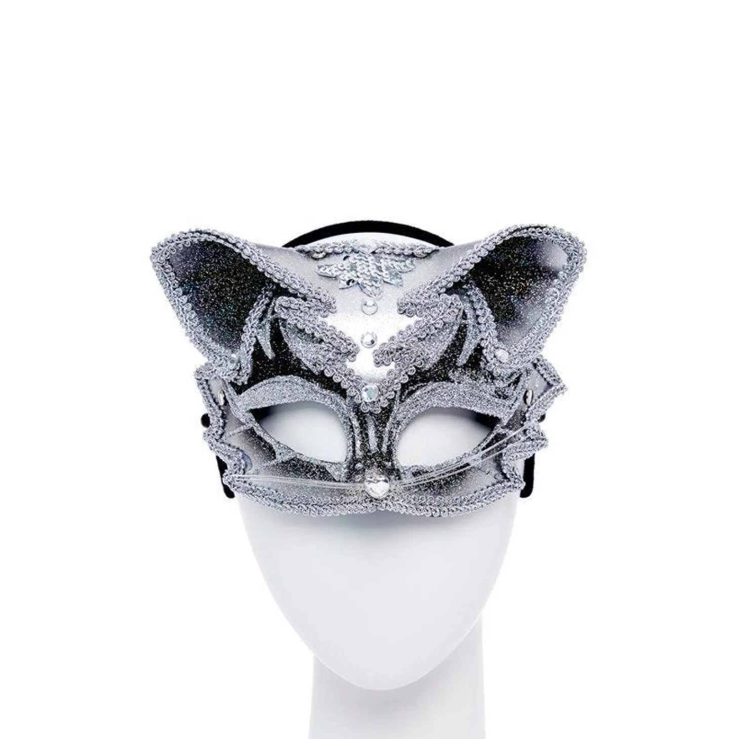 Silver & Black Jewelled Cat Masquerade Mask