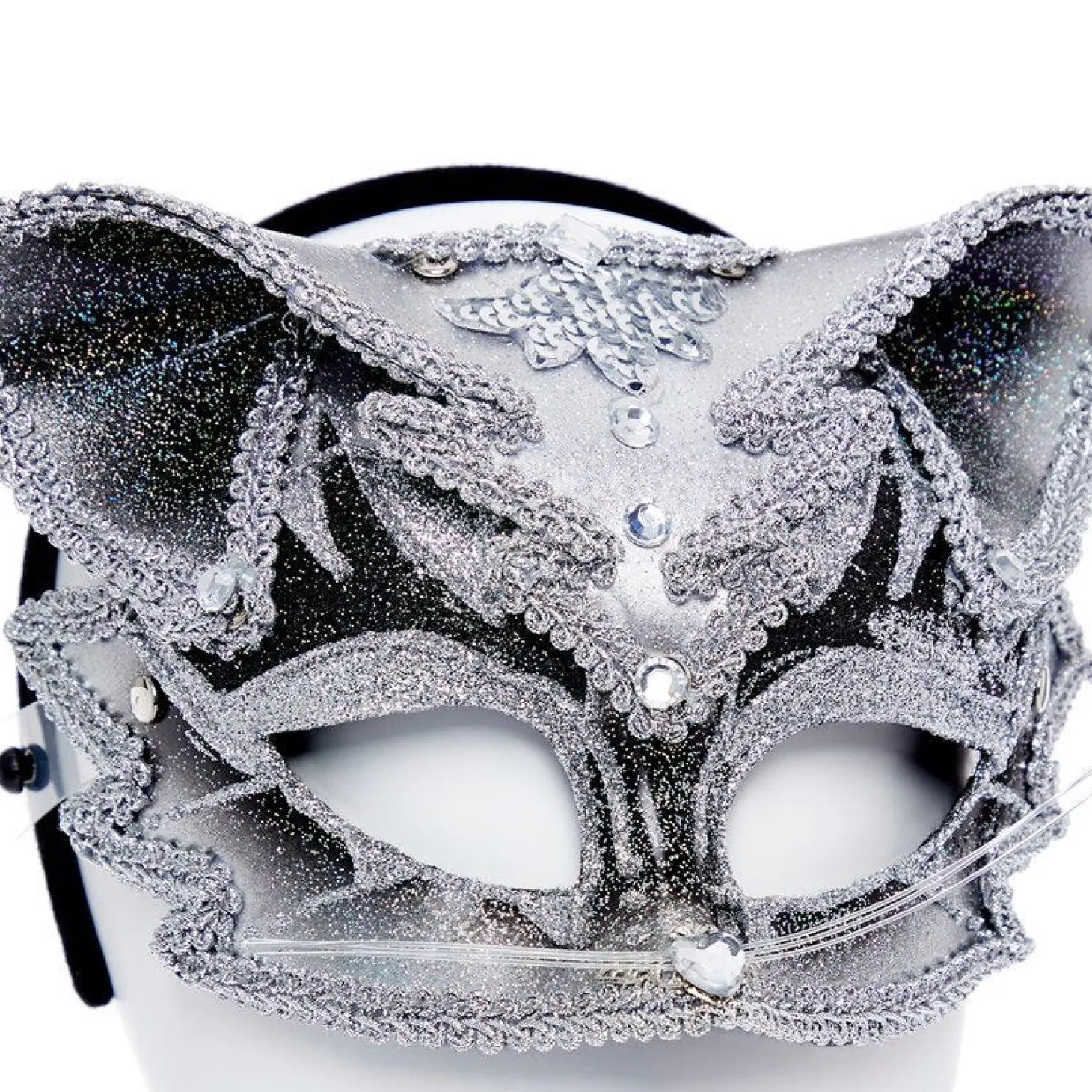 Silver & Black Jewelled Cat Masquerade Mask